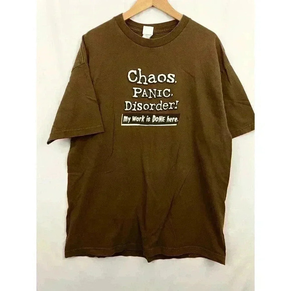 VTG Chaos Panic Disorder My Work is DONE Here Brown T-Shirt XL Y2K - Picture 5 of 6